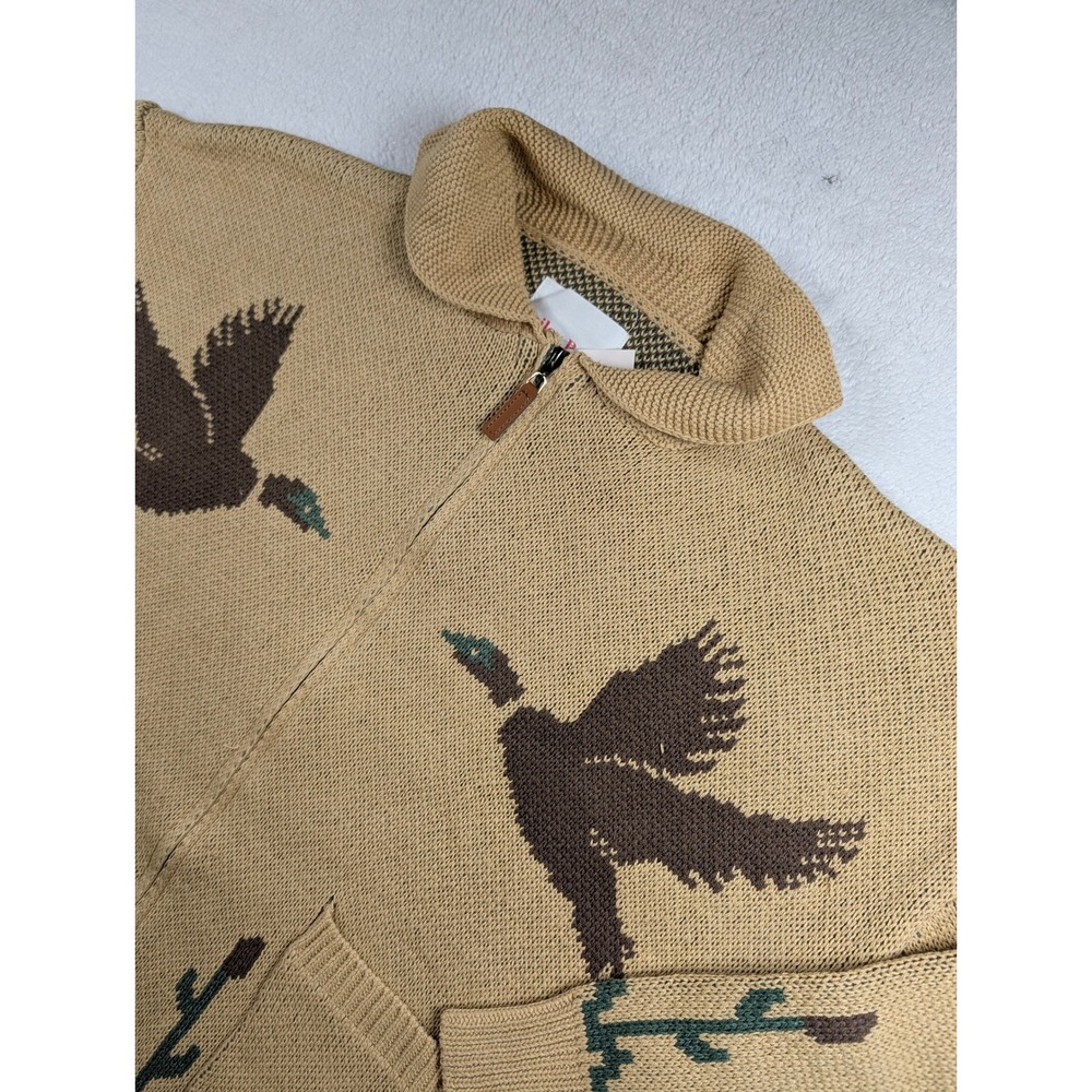 Bailey Rose Lucky Duck Knit Zip-Up Cardigan Tan Mallard Duck Sweater Small NEW